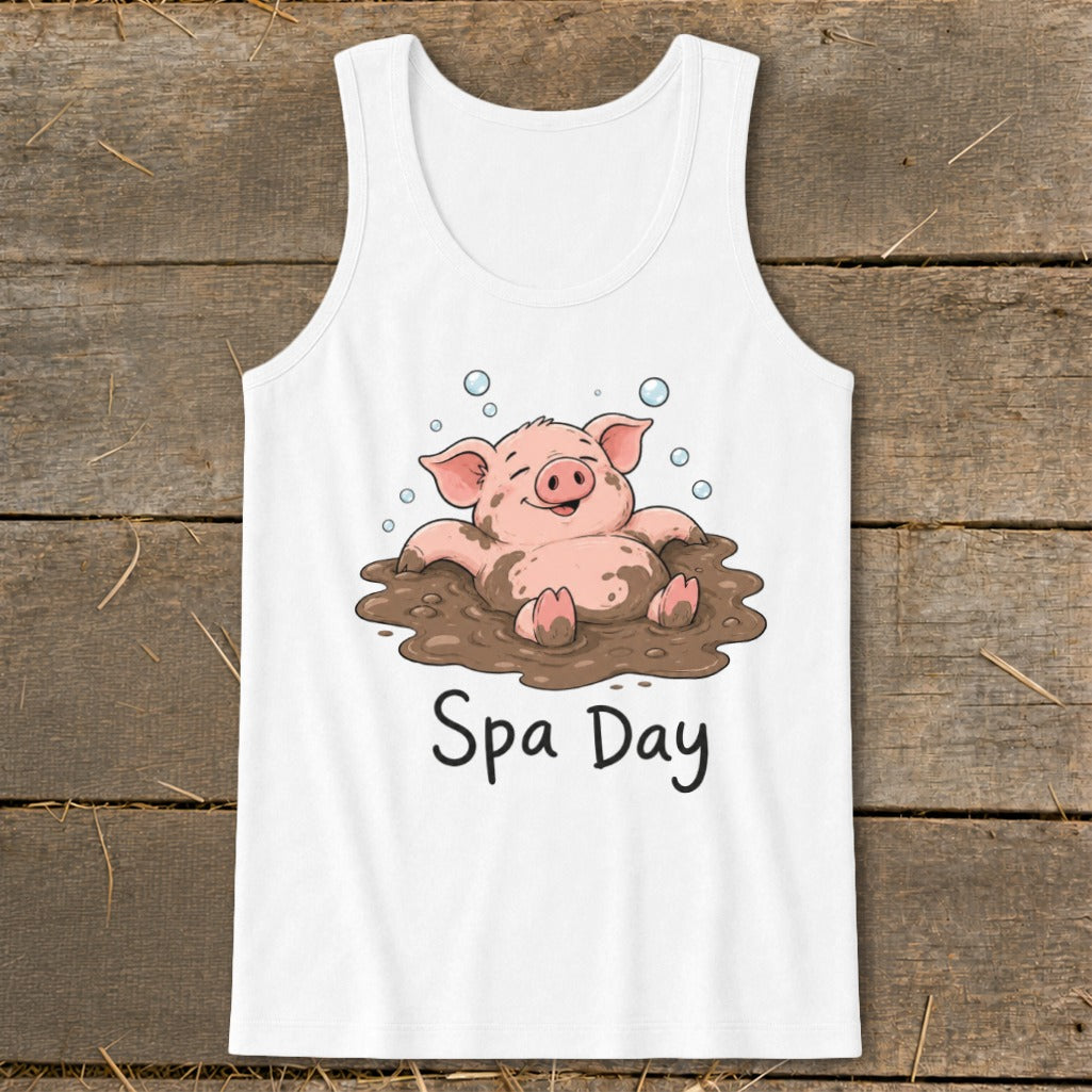 White tank top with illustration of a pig in mud, saying "Spa Day".