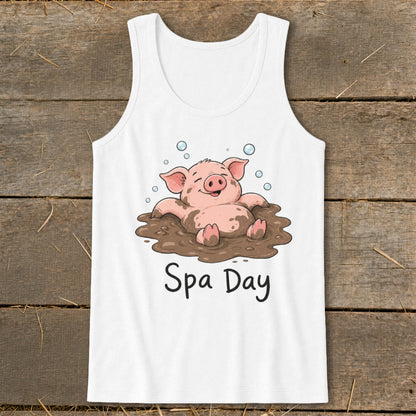 White tank top with illustration of a pig in mud, saying "Spa Day".