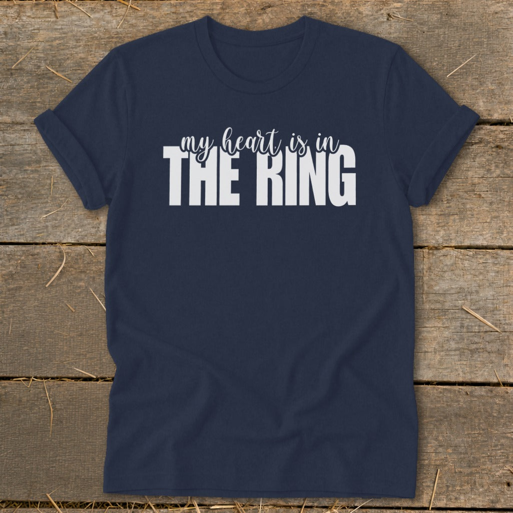Navy t-shirt with white text "my heart is in THE RING".