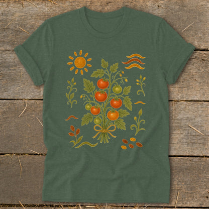 Green t-shirt with a central illustration of a tomato vine with red and green tomatoes, sun, and decorative elements.