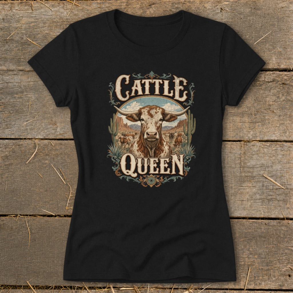 Black t-shirt with "Cattle Queen" text and a longhorn bull graphic.