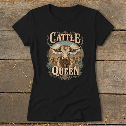 Black t-shirt with "Cattle Queen" text and a longhorn bull graphic.