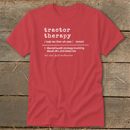Red t-shirt with "Tractor Therapy" definition printed in white.