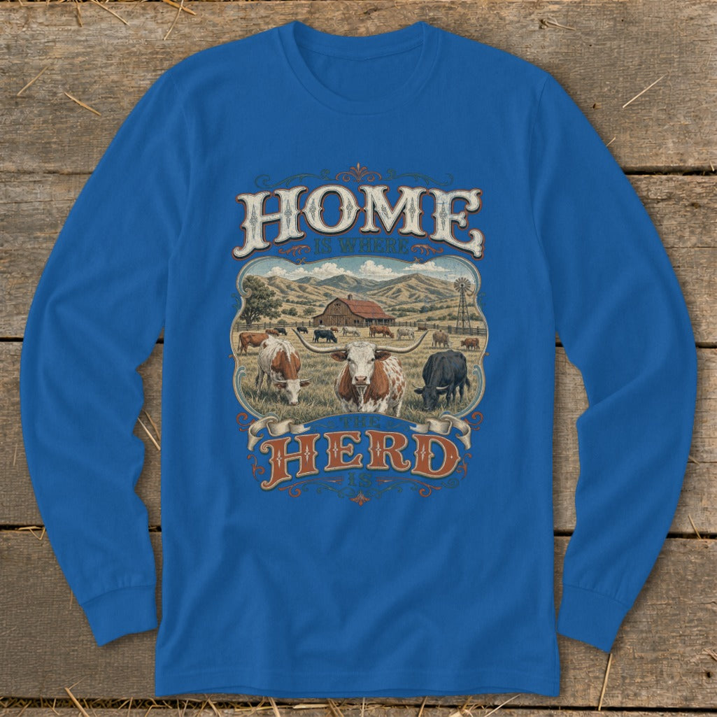 Blue long-sleeve shirt with "Home Is Where The Herd Is" graphic featuring cattle and a barn.