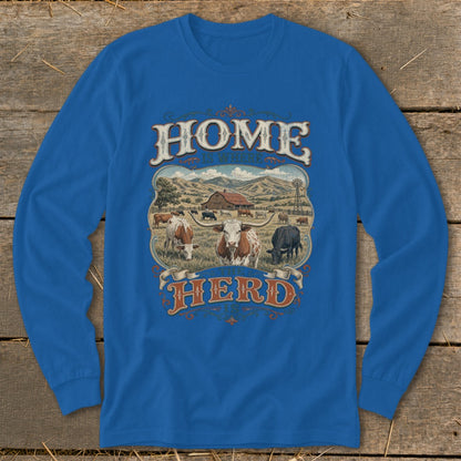 Blue long-sleeve shirt with "Home Is Where The Herd Is" graphic featuring cattle and a barn.