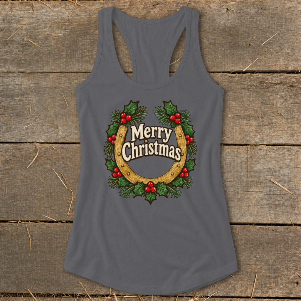 Gray tank top with a horseshoe wreath and "Merry Christmas" text.