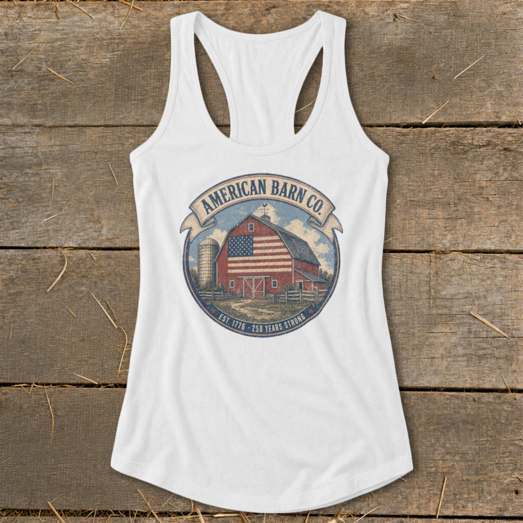 White tank top with American Barn Co. logo featuring a red barn and American flag.