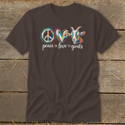 Brown t-shirt with colorful peace sign, heart, and goat graphic and text.