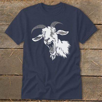 Navy t-shirt with a distressed white illustration of a screaming goat.