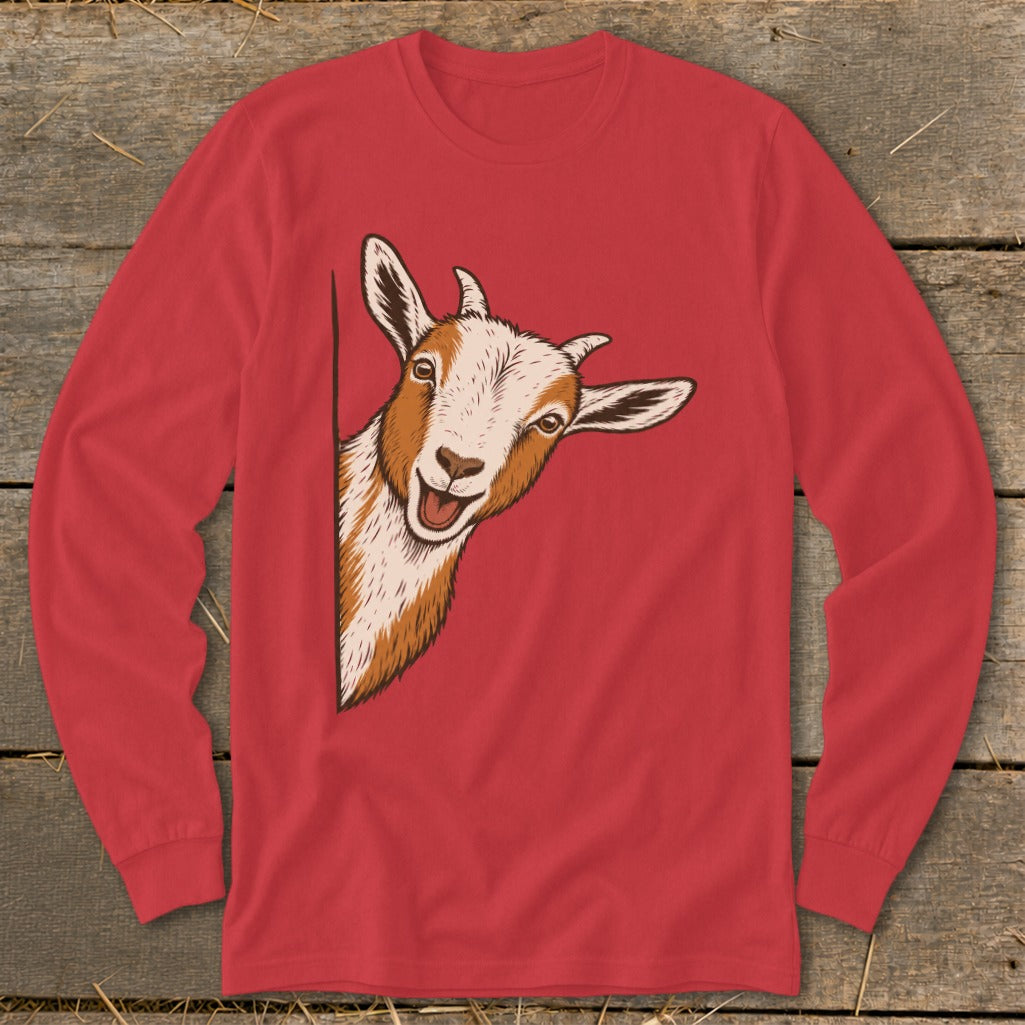Red long-sleeved shirt with a peeking cartoon goat graphic on the front.