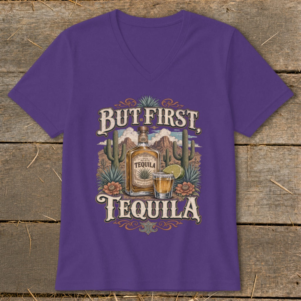 Purple v-neck t-shirt with "But First, Tequila" graphic featuring a desert scene.