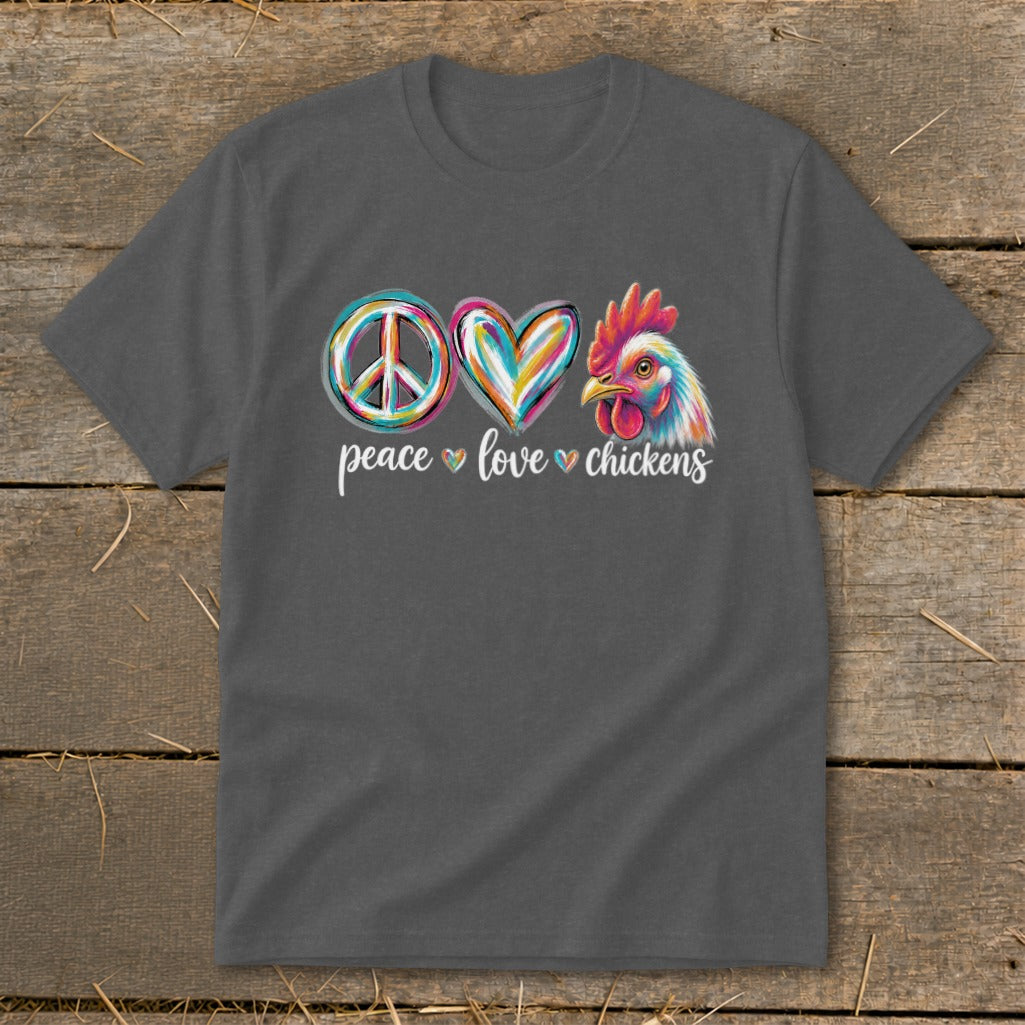 Graphic tee with peace, heart, and chicken symbols, reading "peace love chickens".