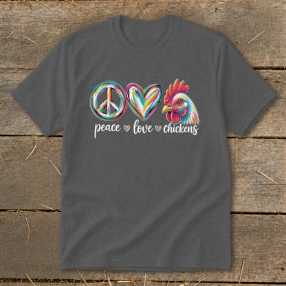 Graphic tee with peace, heart, and chicken symbols, reading "peace love chickens".