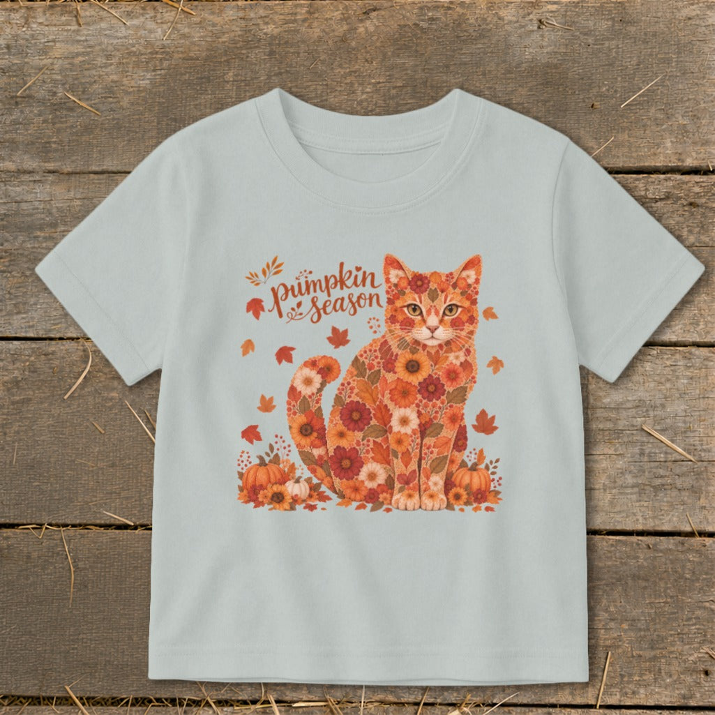 Light blue t-shirt with floral cat and "pumpkin season" text.