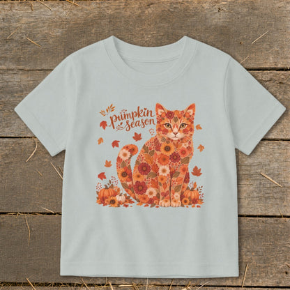 Light blue t-shirt with floral cat and "pumpkin season" text.