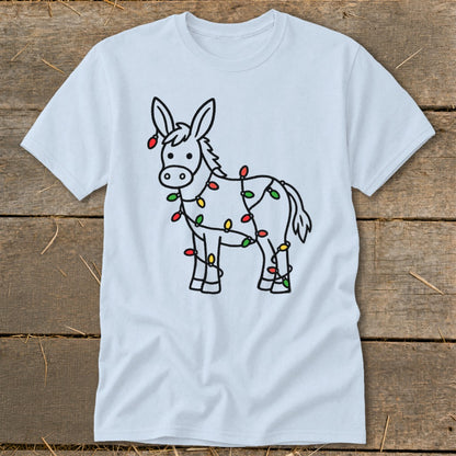 Light blue t-shirt with a black outline drawing of a donkey covered in colorful Christmas lights.