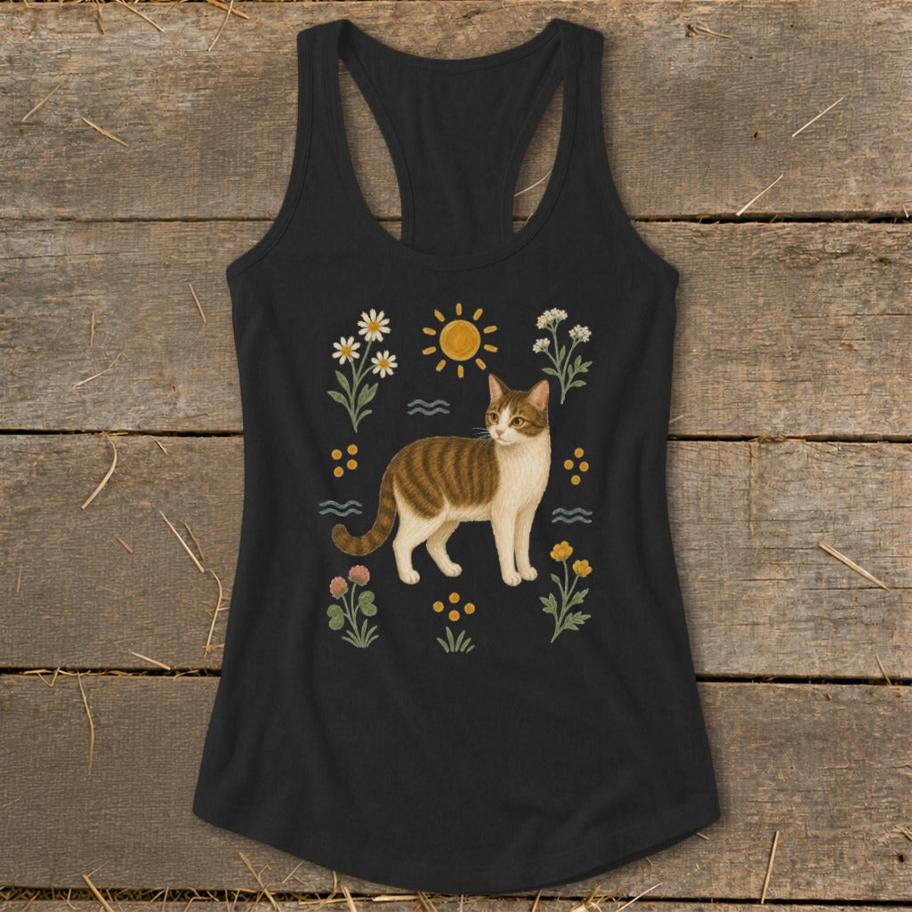 Black tank top featuring a tabby cat surrounded by flowers, sun, and wavy lines.