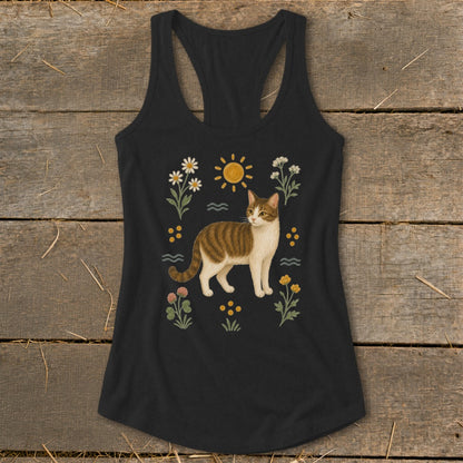 Black tank top featuring a tabby cat surrounded by flowers, sun, and wavy lines.