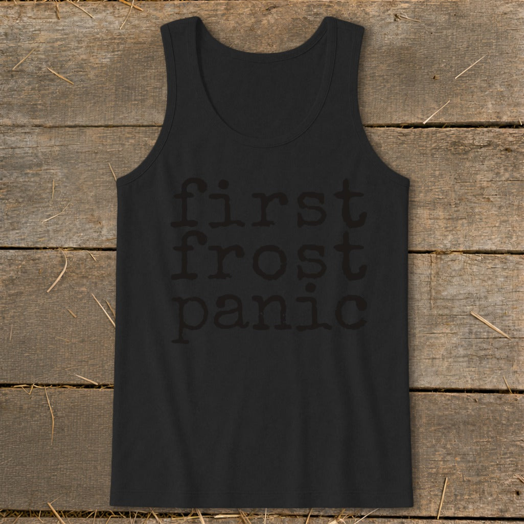 Black tank top with "first frost panic" text in dark gray.