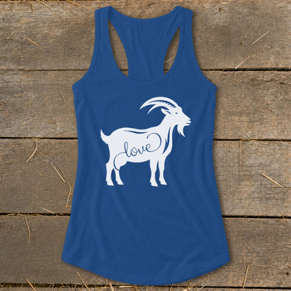 Blue tank top with white goat silhouette and "love" text graphic.