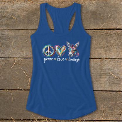Blue tank top with "peace love donkeys" text and colorful donkey graphic.