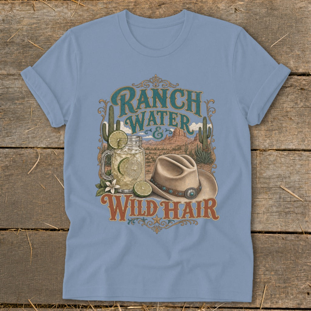 Ranch Water Wild Hair graphic with cowboy hat, drink, and desert landscape.