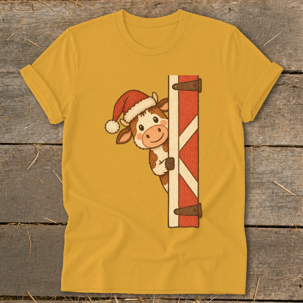 Cute cow in Santa hat peeking around a red barn door graphic.