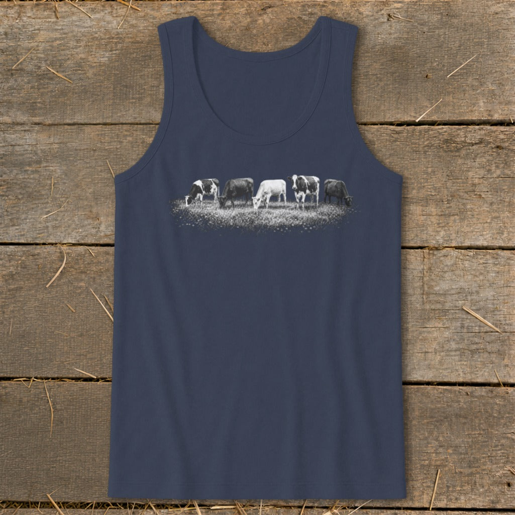 Tank top with black and white cows grazing in a field graphic.
