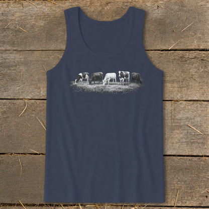 Tank top with black and white cows grazing in a field graphic.