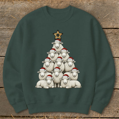 Crewneck sweatshirt with a Christmas tree made of sheep wearing Santa hats.