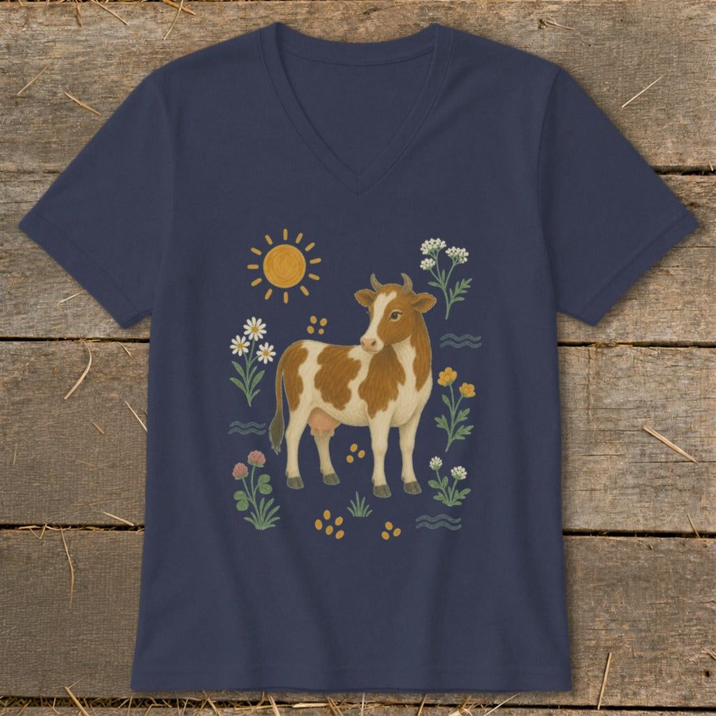 Navy v-neck t-shirt with a brown and white cow illustration surrounded by flowers and a sun.