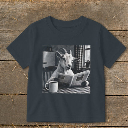 A dark grey t-shirt featuring a black and white graphic of a goat reading a newspaper at a table with a coffee mug.