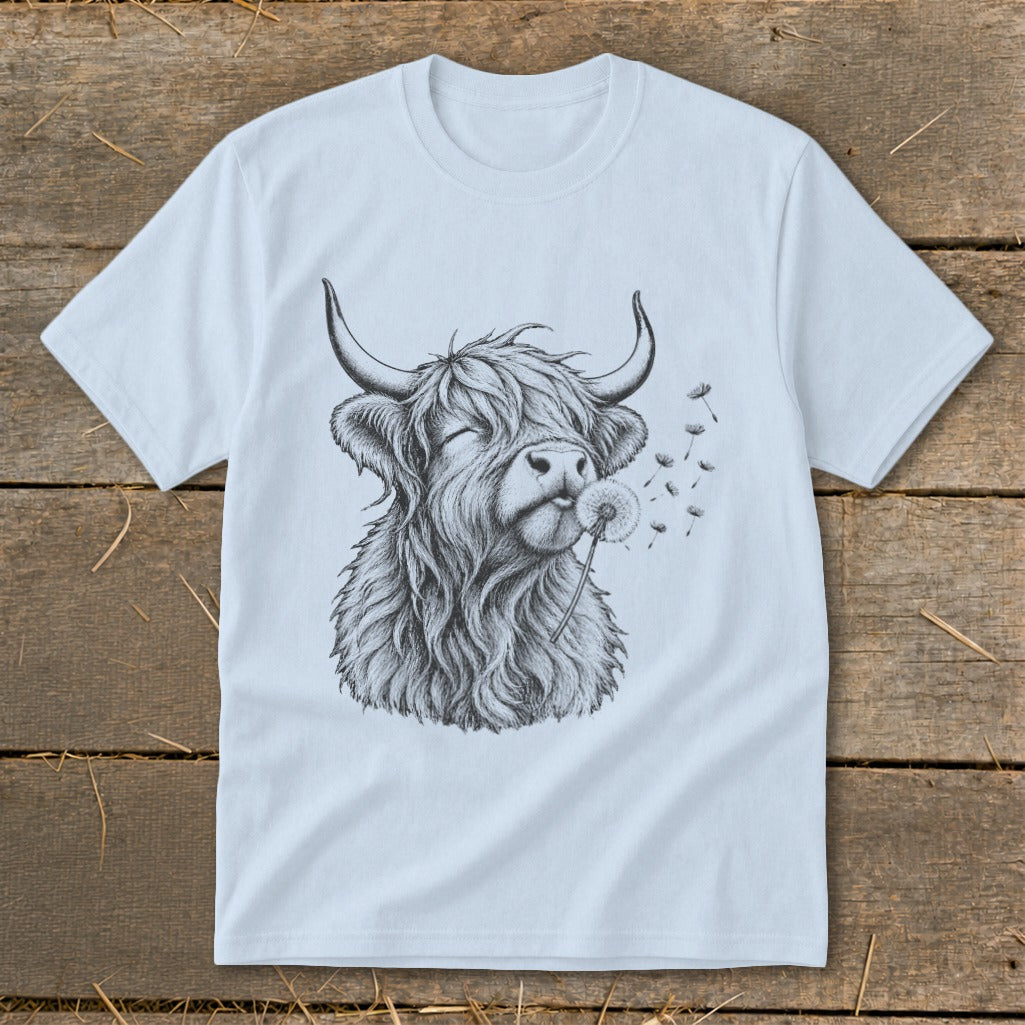 Sketch of a Highland cow blowing on a dandelion with seeds flying.