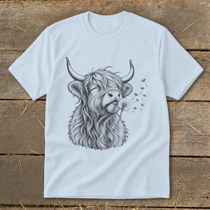 Sketch of a Highland cow blowing on a dandelion with seeds flying.