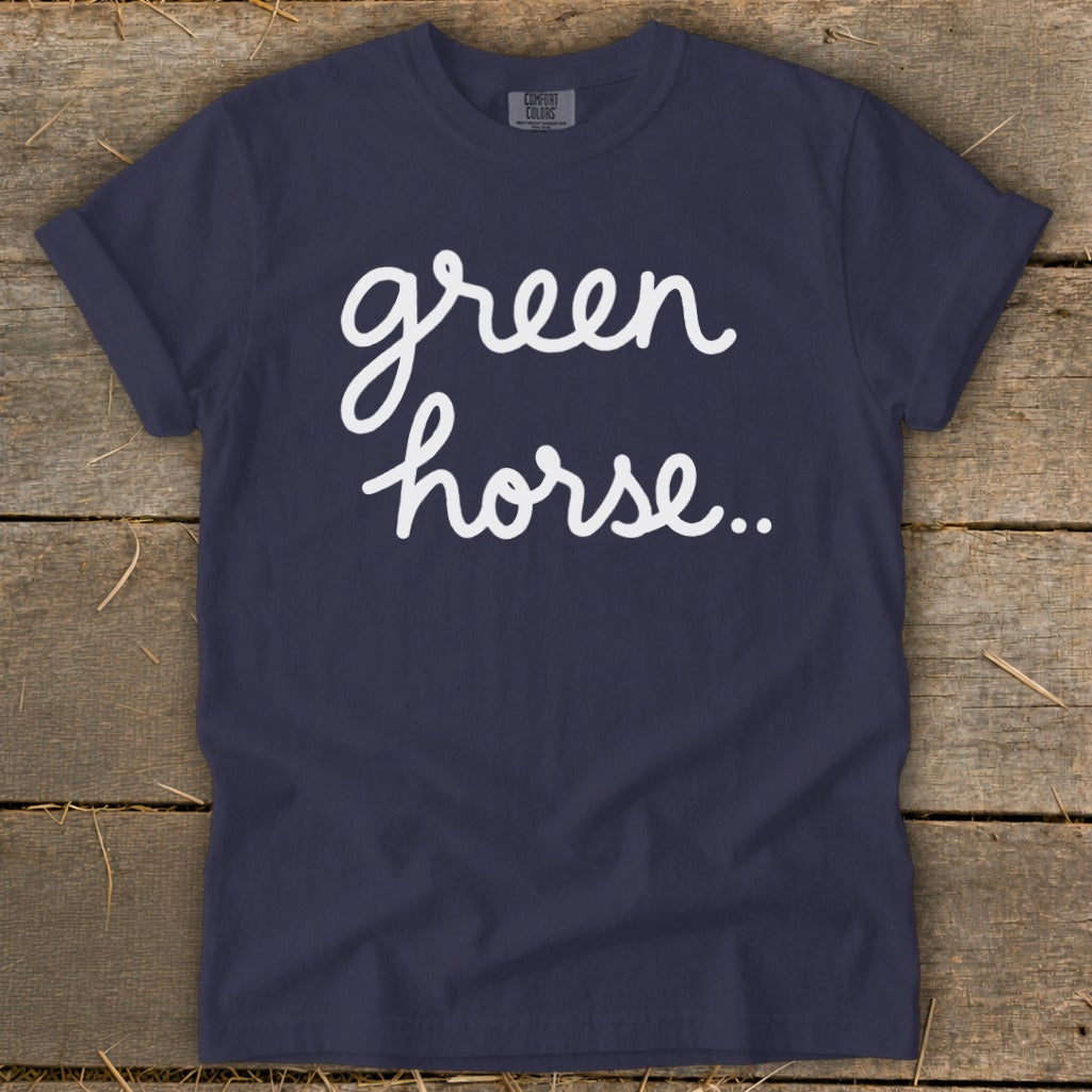Navy Comfort Colors t-shirt with white cursive text "green horse.."