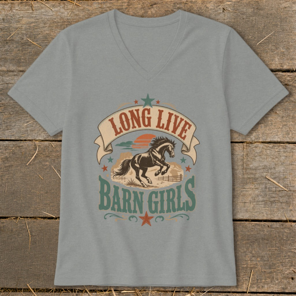 T-shirt graphic with running horse and text "LONG LIVE BARN GIRLS".