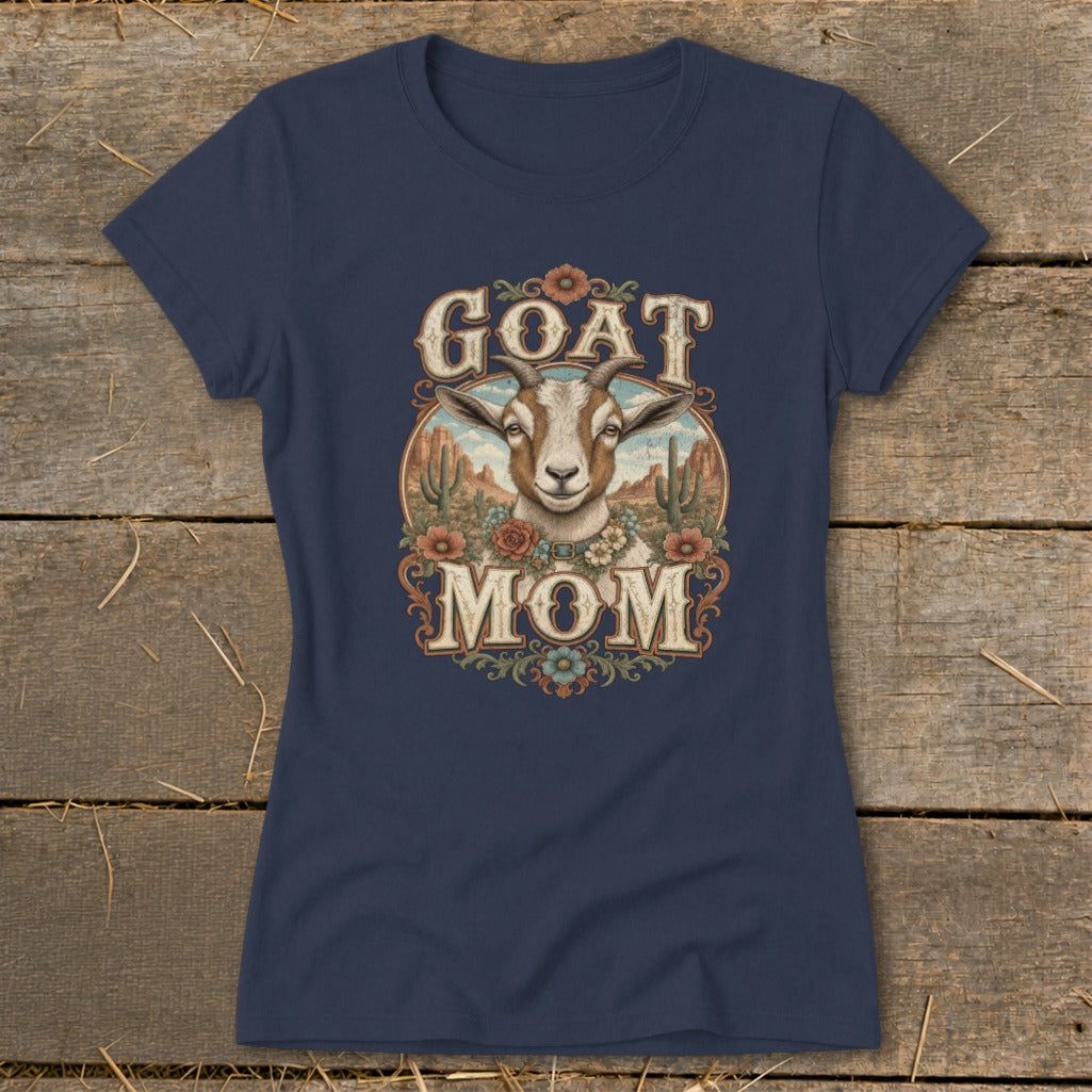 Navy t-shirt with a goat head and "Goat Mom" text in a desert scene.