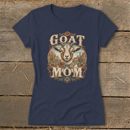 Navy t-shirt with a goat head and "Goat Mom" text in a desert scene.