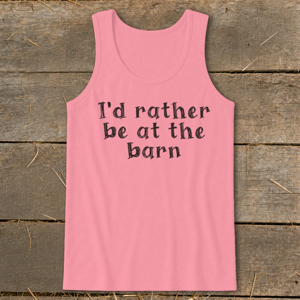 Pink tank top with "I'd rather be at the barn" printed in black text.