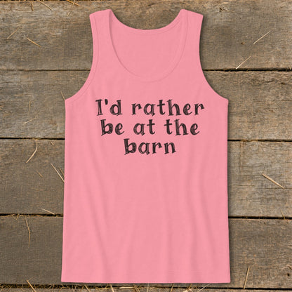Pink tank top with "I'd rather be at the barn" printed in black text.