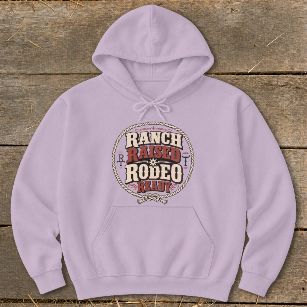 Lavender hoodie with "Ranch Raised Rodeo Ready" text in a circular rope design.