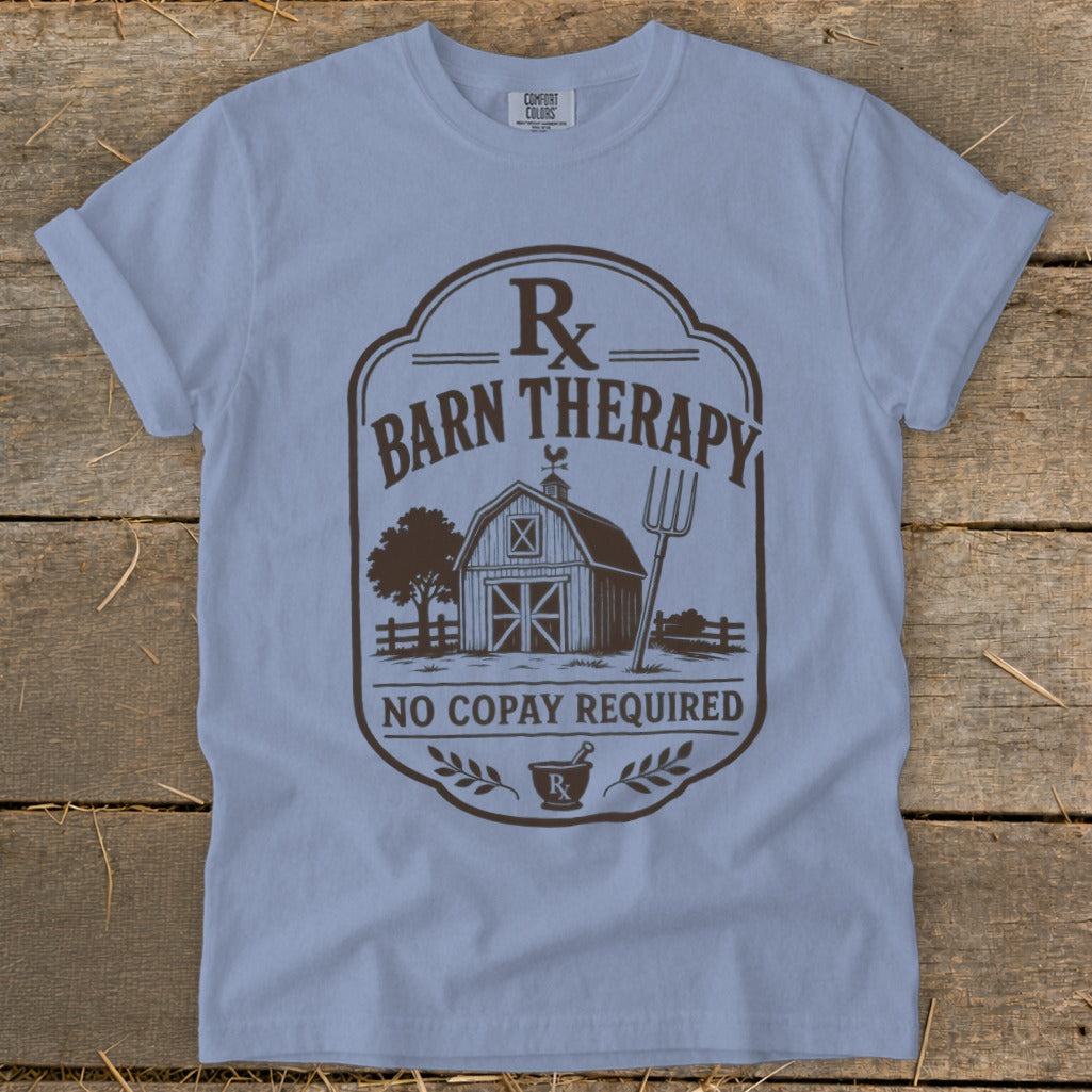 Light blue t-shirt with "Barn Therapy No Copay Required" graphic featuring a barn and pitchfork.