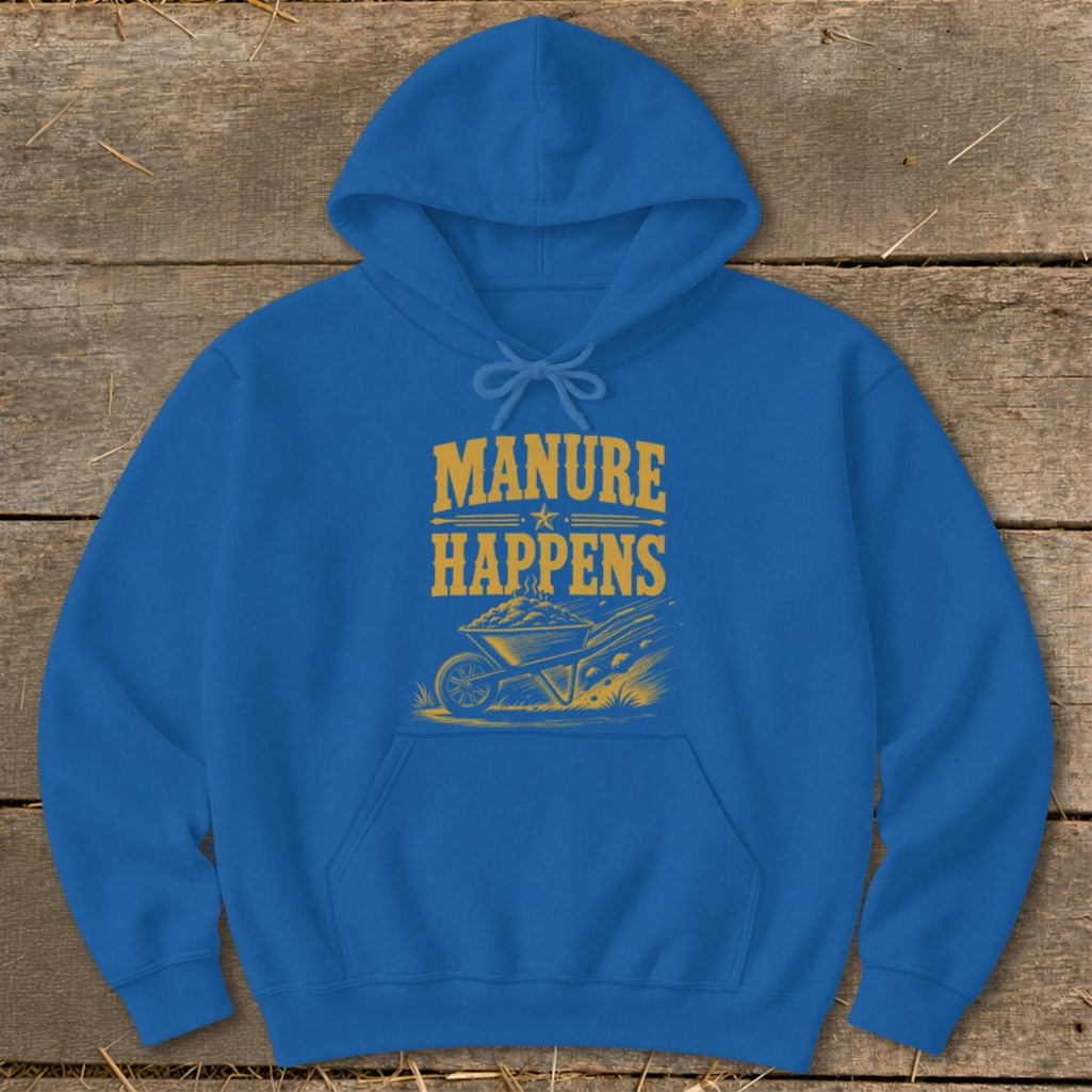 Blue hoodie with yellow text and illustration of a wheelbarrow full of manure.