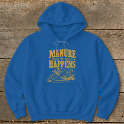 Blue hoodie with yellow text and illustration of a wheelbarrow full of manure.