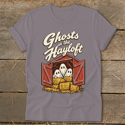 Ghosts in the Hayloft graphic with three ghosts in a barn with hay bales.