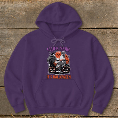 Purple hoodie with "Cluck Yeah, It's Halloween" graphic of a rooster and skeleton.