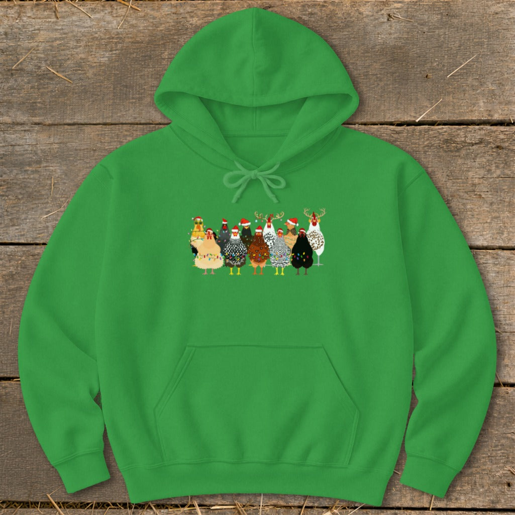 Green hoodie with a line of festive chickens wearing Santa hats and antlers.