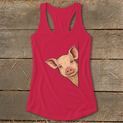 Pink tank top with a drawing of a pig peeking around the side.