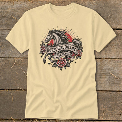 T-shirt with tattoo-style graphic of horse, roses, and text "Horse Girl for Life Ride or Die".