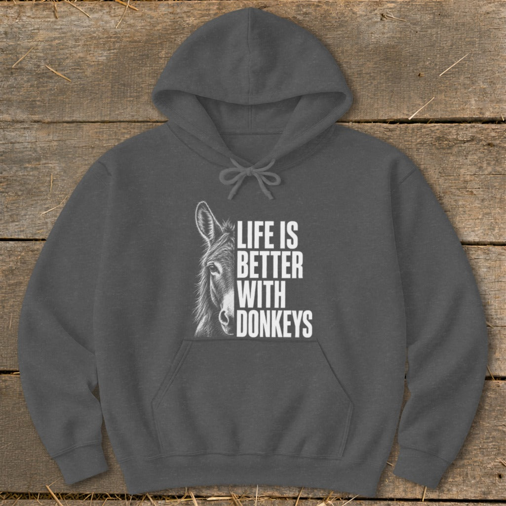 Dark grey hoodie with a donkey graphic and text "Life is better with donkeys".